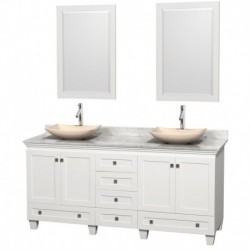 72 inch Double Bathroom Vanity in White, White Carrera Marble Countertop, Arista Ivory Marble Sinks, and 24 inch Mirrors