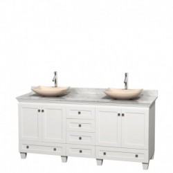 72 inch Double Bathroom Vanity in White, White Carrera Marble Countertop, Arista Ivory Marble Sinks, and No Mirrors