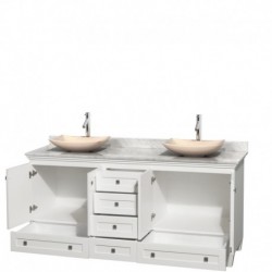 72 inch Double Bathroom Vanity in White, White Carrera Marble Countertop, Arista Ivory Marble Sinks, and No Mirrors