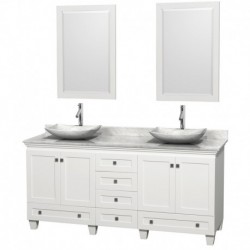 72 inch Double Bathroom Vanity in White, White Carrera Marble Countertop, Arista White Carrera Marble Sinks, and 24 inch Mirror