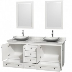 72 inch Double Bathroom Vanity in White, White Carrera Marble Countertop, Arista White Carrera Marble Sinks, and 24 inch Mirror