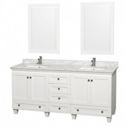 72 inch Double Bathroom Vanity in White, White Carrera Marble Countertop, Undermount Square Sinks, and 24 inch Mirrors