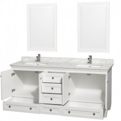 72 inch Double Bathroom Vanity in White, White Carrera Marble Countertop, Undermount Square Sinks, and 24 inch Mirrors