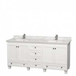 72 inch Double Bathroom Vanity in White, White Carrera Marble Countertop, Undermount Square Sinks, and No Mirrors