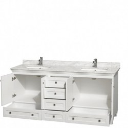 72 inch Double Bathroom Vanity in White, White Carrera Marble Countertop, Undermount Square Sinks, and No Mirrors