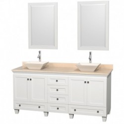 72 inch Double Bathroom Vanity in White, Ivory Marble Countertop, Pyra Bone Sinks, and 24 inch Mirrors