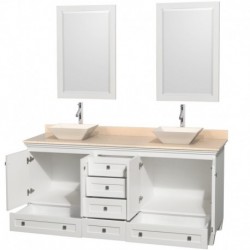 72 inch Double Bathroom Vanity in White, Ivory Marble Countertop, Pyra Bone Sinks, and 24 inch Mirrors