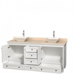 72 inch Double Bathroom Vanity in White, Ivory Marble Countertop, Pyra Bone Sinks, and No Mirrors