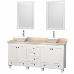 72 inch Double Bathroom Vanity in White, Ivory Marble Countertop, Pyra White Sinks, and 24 inch Mirrors