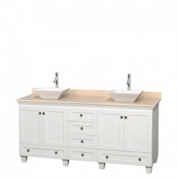 72 inch Double Bathroom Vanity in White, Ivory Marble Countertop, Pyra White Sinks, and No Mirrors