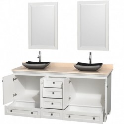 72 inch Double Bathroom Vanity in White, Ivory Marble Countertop, Altair Black Granite Sinks, and 24 inch Mirrors