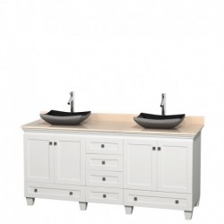 72 inch Double Bathroom Vanity in White, Ivory Marble Countertop, Altair Black Granite Sinks, and No Mirrors