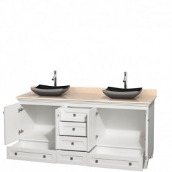 72 inch Double Bathroom Vanity in White, Ivory Marble Countertop, Altair Black Granite Sinks, and No Mirrors