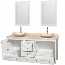 72 inch Double Bathroom Vanity in White, Ivory Marble Countertop, Avalon Ivory Marble Sinks, and 24 inch Mirrors