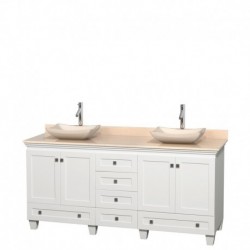 72 inch Double Bathroom Vanity in White, Ivory Marble Countertop, Avalon Ivory Marble Sinks, and No Mirrors