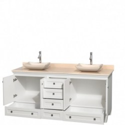 72 inch Double Bathroom Vanity in White, Ivory Marble Countertop, Avalon Ivory Marble Sinks, and No Mirrors