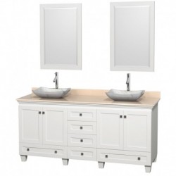 72 inch Double Bathroom Vanity in White, Ivory Marble Countertop, Avalon White Carrera Marble Sinks, and 24 inch Mirrors