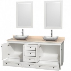 72 inch Double Bathroom Vanity in White, Ivory Marble Countertop, Avalon White Carrera Marble Sinks, and 24 inch Mirrors