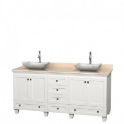 72 inch Double Bathroom Vanity in White, Ivory Marble Countertop, Avalon White Carrera Marble Sinks, and No Mirrors
