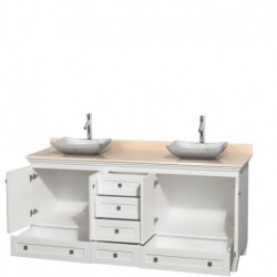 72 inch Double Bathroom Vanity in White, Ivory Marble Countertop, Avalon White Carrera Marble Sinks, and No Mirrors