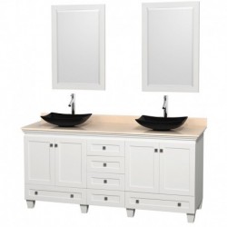 72 inch Double Bathroom Vanity in White, Ivory Marble Countertop, Arista Black Granite Sinks, and 24 inch Mirrors