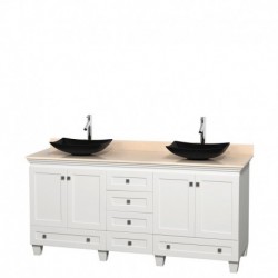 72 inch Double Bathroom Vanity in White, Ivory Marble Countertop, Arista Black Granite Sinks, and No Mirrors