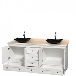 72 inch Double Bathroom Vanity in White, Ivory Marble Countertop, Arista Black Granite Sinks, and No Mirrors
