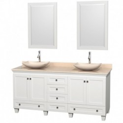 72 inch Double Bathroom Vanity in White, Ivory Marble Countertop, Arista Ivory Marble Sinks, and 24 inch Mirrors