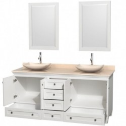72 inch Double Bathroom Vanity in White, Ivory Marble Countertop, Arista Ivory Marble Sinks, and 24 inch Mirrors