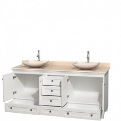 72 inch Double Bathroom Vanity in White, Ivory Marble Countertop, Arista Ivory Marble Sinks, and No Mirrors