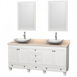 72 inch Double Bathroom Vanity in White, Ivory Marble Countertop, Arista White Carrera Marble Sinks, and 24 inch Mirrors