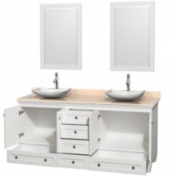 72 inch Double Bathroom Vanity in White, Ivory Marble Countertop, Arista White Carrera Marble Sinks, and 24 inch Mirrors