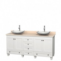 72 inch Double Bathroom Vanity in White, Ivory Marble Countertop, Arista White Carrera Marble Sinks, and No Mirrors