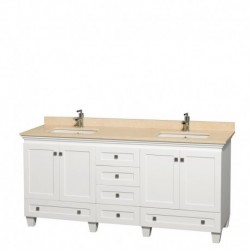 72 inch Double Bathroom Vanity in White, Ivory Marble Countertop, Undermount Square Sinks, and No Mirrors
