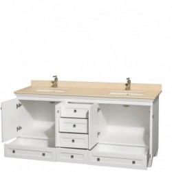 72 inch Double Bathroom Vanity in White, Ivory Marble Countertop, Undermount Square Sinks, and No Mirrors