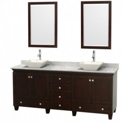 80 inch Double Bathroom Vanity in Espresso, White Carrera Marble Countertop, Pyra Bone Porcelain Sinks, and 24 inch Mirrors