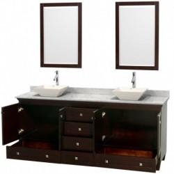 80 inch Double Bathroom Vanity in Espresso, White Carrera Marble Countertop, Pyra Bone Porcelain Sinks, and 24 inch Mirrors