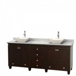 80 inch Double Bathroom Vanity in Espresso, White Carrera Marble Countertop, Pyra Bone Porcelain Sinks, and No Mirrors