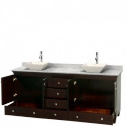 80 inch Double Bathroom Vanity in Espresso, White Carrera Marble Countertop, Pyra Bone Porcelain Sinks, and No Mirrors