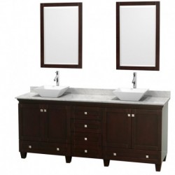 80 inch Double Bathroom Vanity in Espresso, White Carrera Marble Countertop, Pyra White Porcelain Sinks, and 24 inch Mirrors