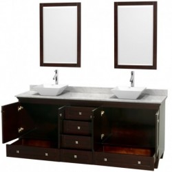 80 inch Double Bathroom Vanity in Espresso, White Carrera Marble Countertop, Pyra White Porcelain Sinks, and 24 inch Mirrors
