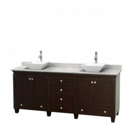 80 inch Double Bathroom Vanity in Espresso, White Carrera Marble Countertop, Pyra White Porcelain Sinks, and No Mirrors