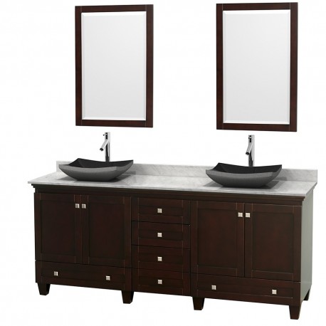 80 inch Double Bathroom Vanity in Espresso, White Carrera Marble Countertop, Altair Black Granite Sinks, and 24 inch Mirrors