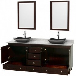 80 inch Double Bathroom Vanity in Espresso, White Carrera Marble Countertop, Altair Black Granite Sinks, and 24 inch Mirrors