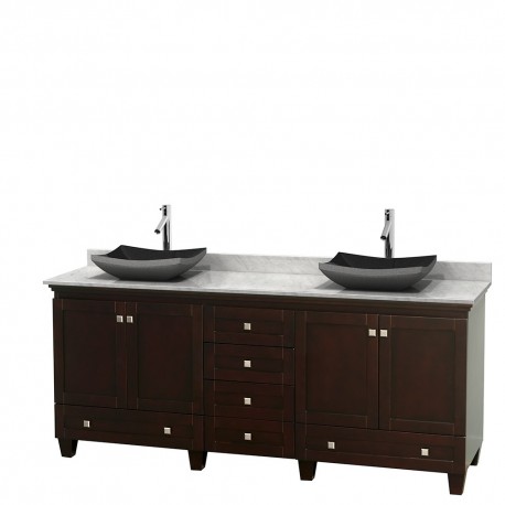 80 inch Double Bathroom Vanity in Espresso, White Carrera Marble Countertop, Altair Black Granite Sinks, and No Mirrors