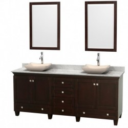 80 inch Double Bathroom Vanity in Espresso, White Carrera Marble Countertop, Avalon Ivory Marble Sinks, and 24 inch Mirrors