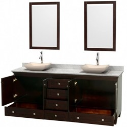 80 inch Double Bathroom Vanity in Espresso, White Carrera Marble Countertop, Avalon Ivory Marble Sinks, and 24 inch Mirrors