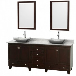 80 inch Double Bathroom Vanity in Espresso, White Carrera Marble Countertop, Avalon White Carrera Marble Sinks, and 24 inch Mir