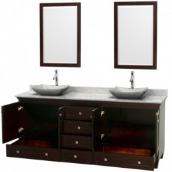 80 inch Double Bathroom Vanity in Espresso, White Carrera Marble Countertop, Avalon White Carrera Marble Sinks, and 24 inch Mir
