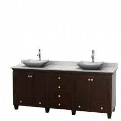 80 inch Double Bathroom Vanity in Espresso, White Carrera Marble Countertop, Avalon White Carrera Marble Sinks, and No Mirrors